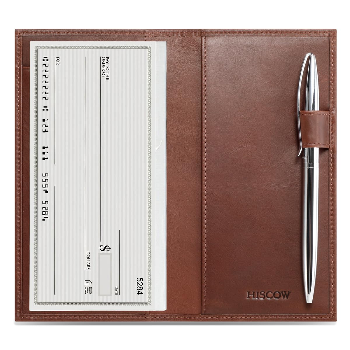 HOTHISCOW Leather Checkbook Cover for Duplicate Checks with Pen Holder | Full grain cowhide, personal check book & register pockets, removable vinyl divider, durable stitching, gifts for women men