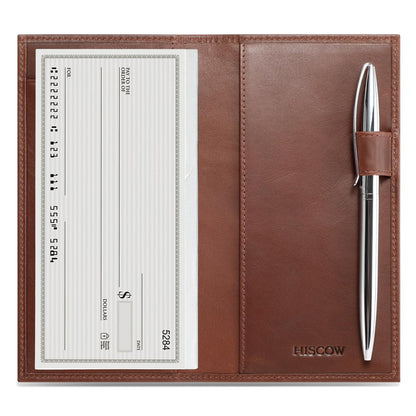 HOTHISCOW Leather Checkbook Cover for Duplicate Checks with Pen Holder | Full grain cowhide, personal check book & register pockets, removable vinyl divider, durable stitching, gifts for women men
