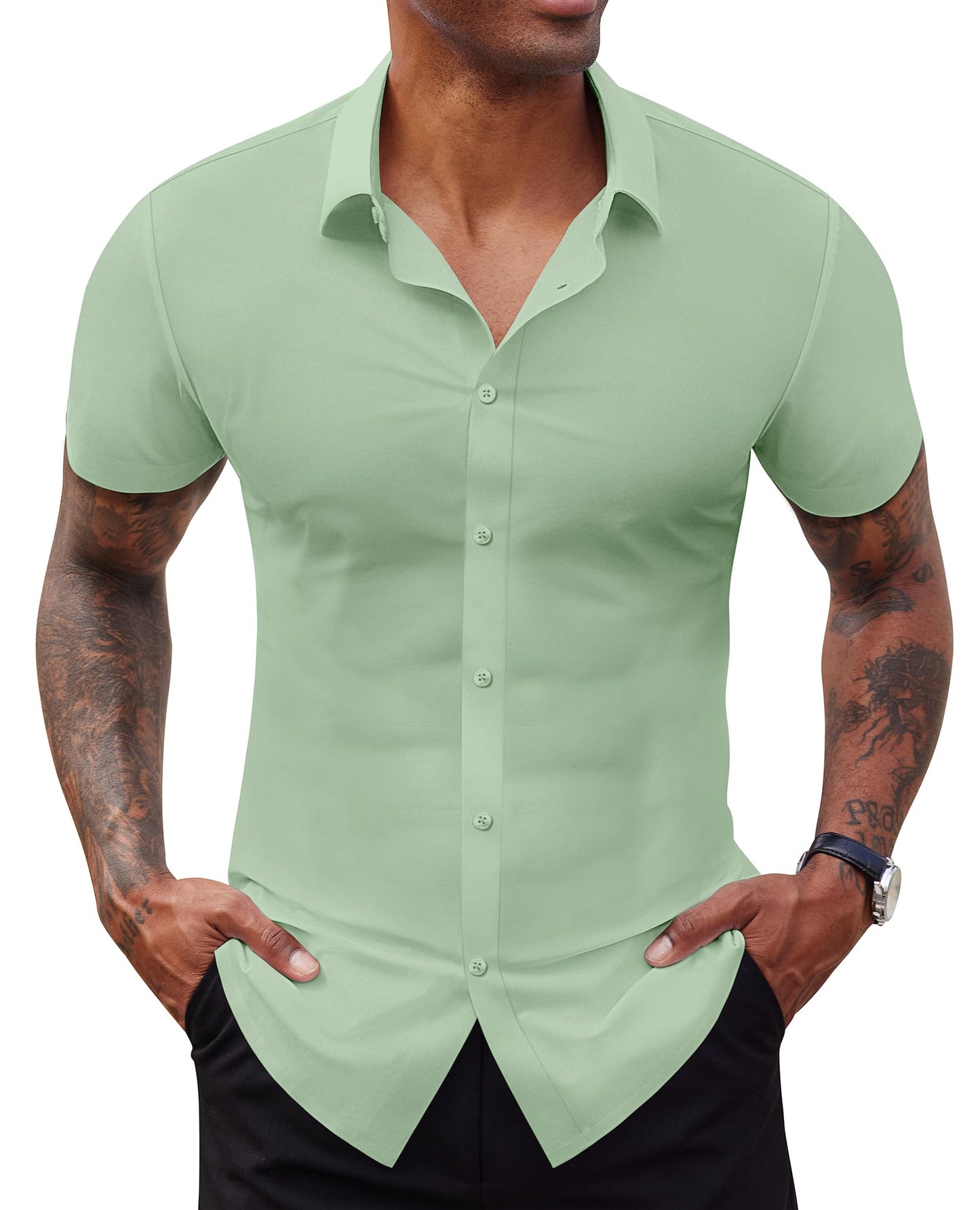 HOTLion Nardo Stretch Dress Shirts for Men Short Sleeve Slim Fit Casual Button Down Shirts Muscle Fit Men's Dress Shirts