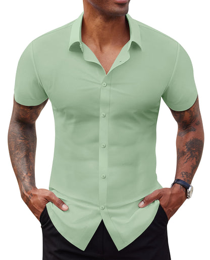 HOTLion Nardo Stretch Dress Shirts for Men Short Sleeve Slim Fit Casual Button Down Shirts Muscle Fit Men's Dress Shirts