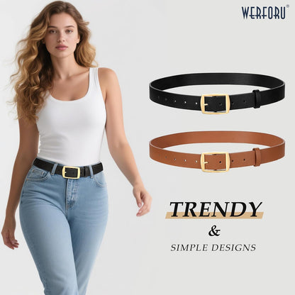 HOTWERFORU 2 Pack Women Leather Belts for Jeans Pants Fashion Leather Belts for Women Waistband with Gold Pin Buckle