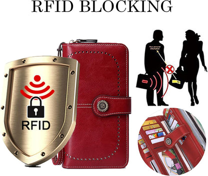 HOTWallets for Women Leather Large Capacity Credit Card Holder Bifold RFID Blocking for Women with Pocket ID Window