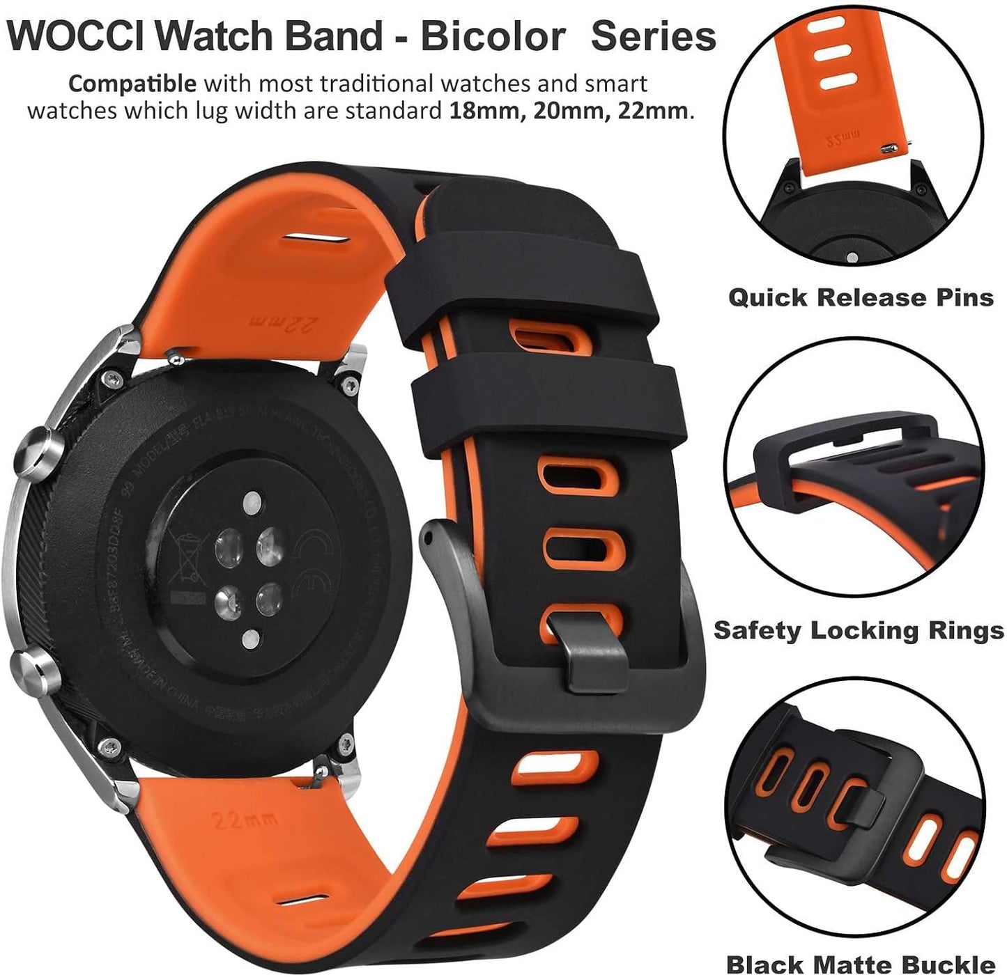HOTWOCCI 22mm Bicolor Watch Band, Silicone Rubber, Quick Release Replacement Strap for Men and Women, Black Stainless Steel Buckle (Black-Orange)