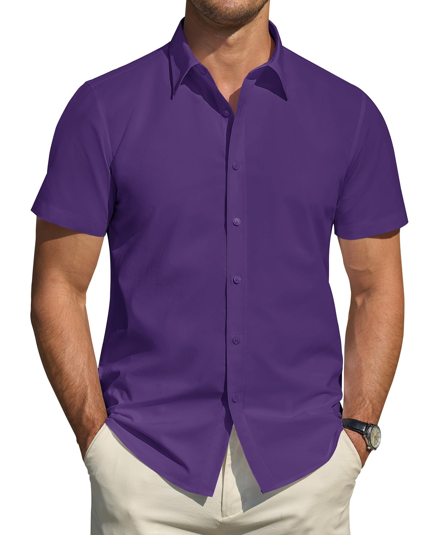 HOTJ.VER Men's Short Sleeve Dress Shirts Stretch Stain Shield Casual Button Down Shirts Solid Formal Shirt