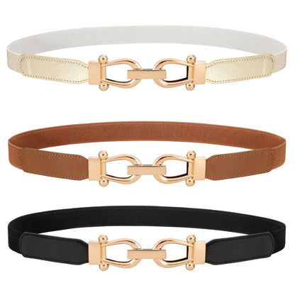 HOTWERFORU 3 Pack Women Skinny Elastic Waist Belt Gold Buckle Stretchy Thin Belt for Jeans Dress