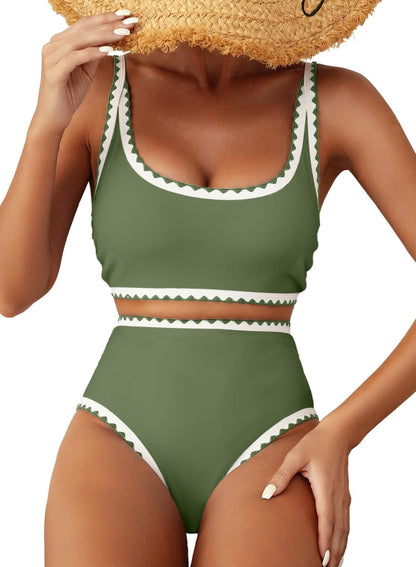 HOTHerseas Women's Bikini Sets Floral Print Whip Stitch 2 Piece Swimsuits High Waisted Scoop Bathing Suits