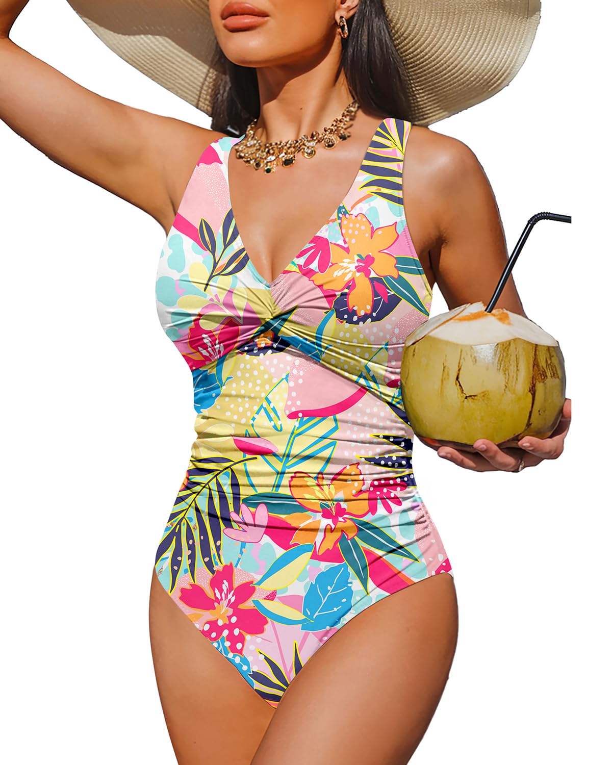 HOTWomen's Tummy Control One Piece Swimsuit Push Up Full Coverage Bathing Suit | V-Neck Twist Front, Low-Back Design, Adjustable Straps, Removable Pads, Full Coverage, Long-Torso Fit, Beach and Pool Days