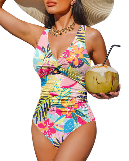 HOTWomen's Tummy Control One Piece Swimsuit Push Up Full Coverage Bathing Suit | V-Neck Twist Front, Low-Back Design, Adjustable Straps, Removable Pads, Full Coverage, Long-Torso Fit, Beach and Pool Days