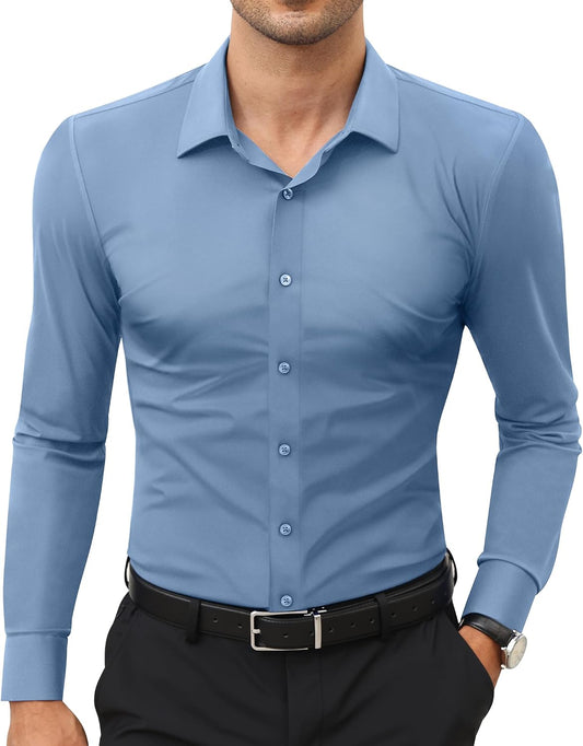 HOTLion Nardo Stretch Mens Dress Shirts Long Sleeve Slim Fit Dress Shirts for Men Muscle Fit Wrinkle Free Button Down Shirt