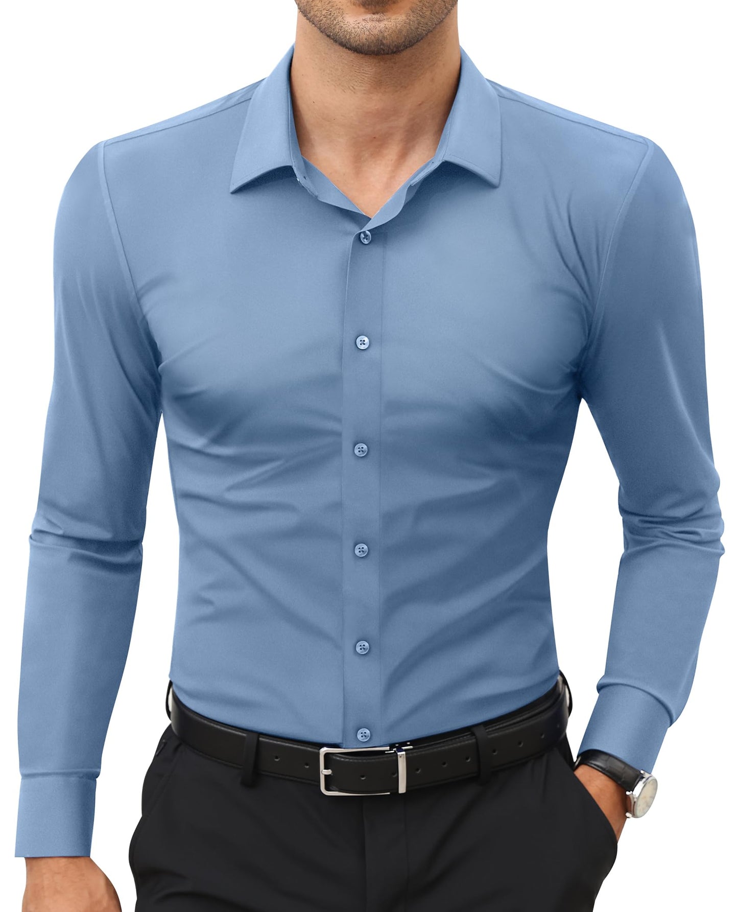 HOTLion Nardo Stretch Mens Dress Shirts Long Sleeve Slim Fit Dress Shirts for Men Muscle Fit Wrinkle Free Button Down Shirt
