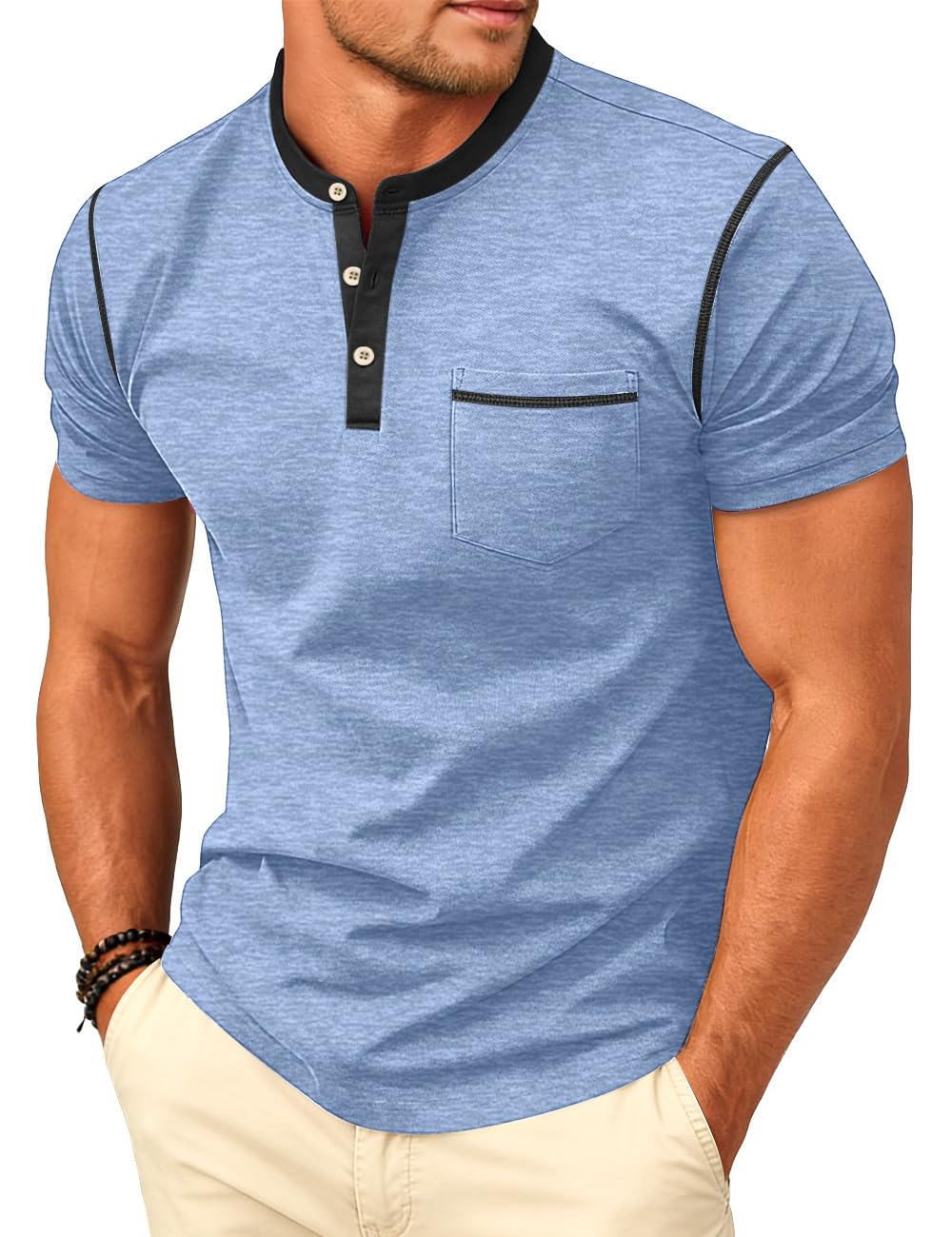 HOTMen's Henley Shirt Casual Button Short Sleeve T-Shirt Summer Patchwork Color Block Tee Shirts