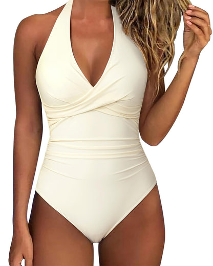HOTSUUKSESS Women Sexy Tummy Control One Piece Swimsuits Halter Push Up Bathing Suits