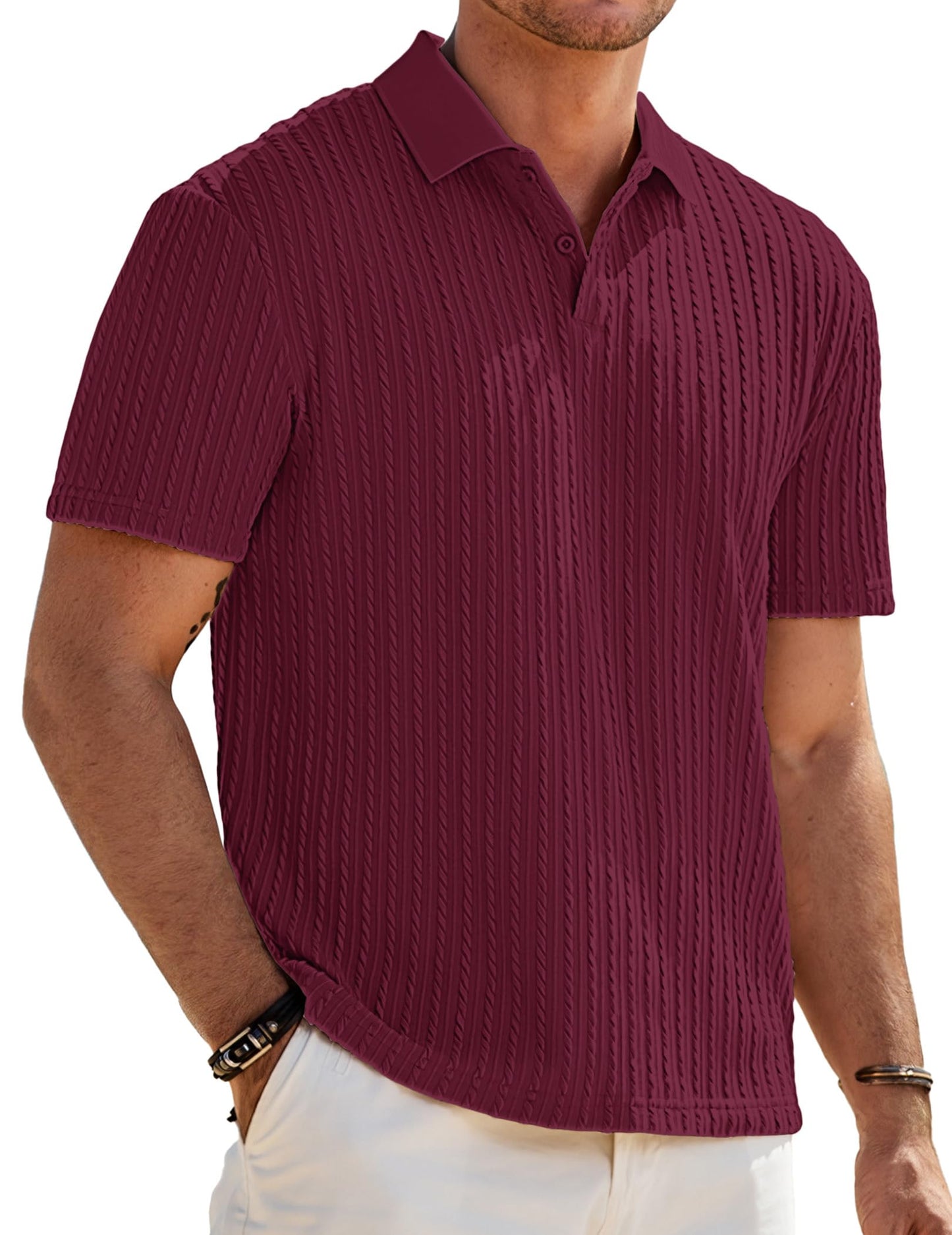 HOTJMIERR Mens Casual Polo Shirt Summer Short Sleeve Vacation Button Beach Knit Stretchy Golf Shirts