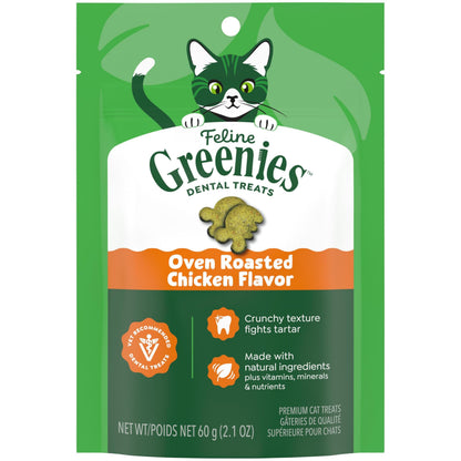 HOTGreenies Feline Natural Dental Cat Treats, Roasted Chicken Flavor, 21 oz | #1 vet-recommended, 36% less tartar in 28 days, cleans to gumline, under 2 calories per treat, natural ingredients