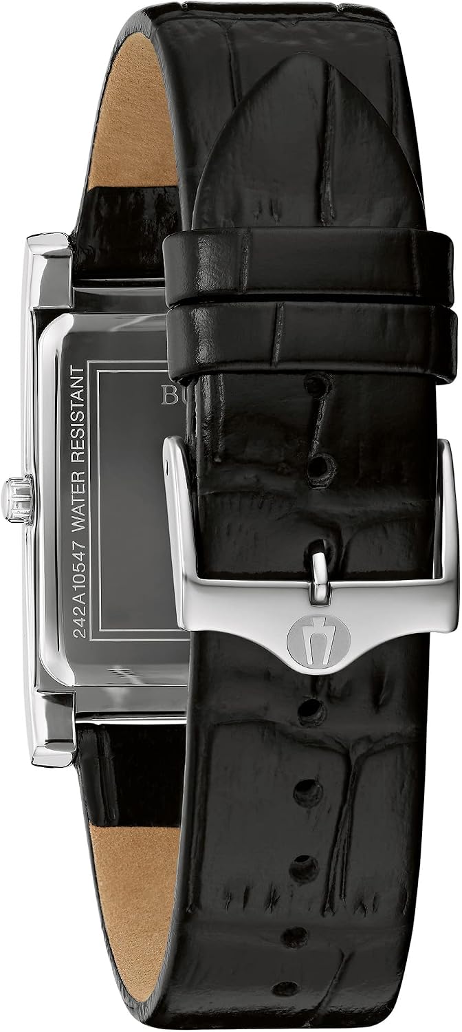 HOTBulova Men's Stainless Steel 3-Hand Calendar Date Quartz Watch with Black Leather Strap, Rectangle Dial Style: 96B107