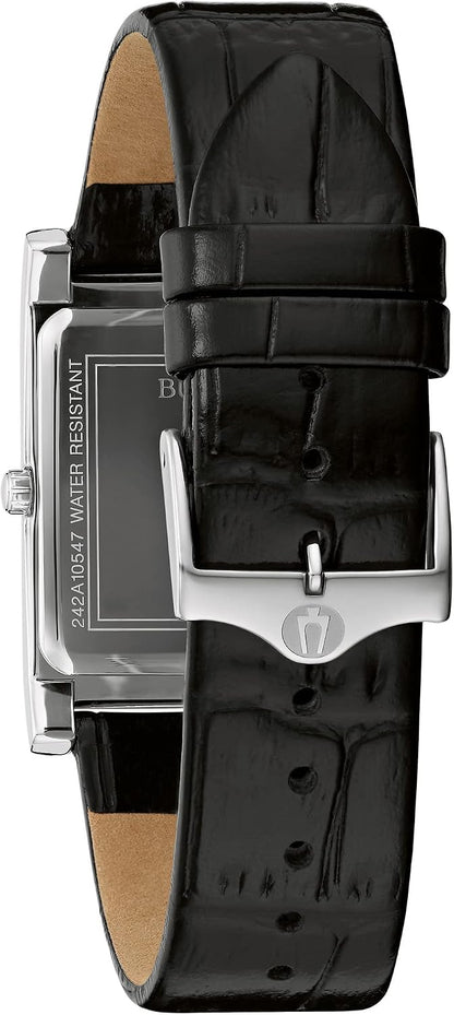 HOTBulova Men's Stainless Steel 3-Hand Calendar Date Quartz Watch with Black Leather Strap, Rectangle Dial Style: 96B107