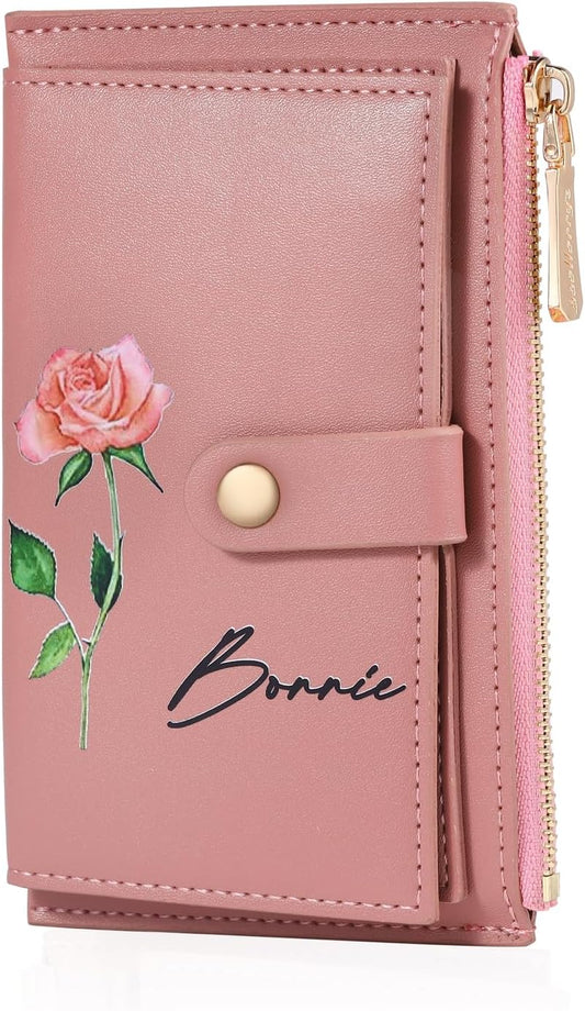 HOTPersonalized Gifts for Women Christmas Custom Birthflower Wallet for Mom Customizable Name Leather Wallet for Wife Her Mother's Day Birthday Gifts from Daughter Son Husband (Color 1)
