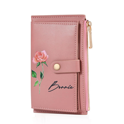 HOTPersonalized Gifts for Women Christmas Custom Birthflower Wallet for Mom Customizable Name Leather Wallet for Wife Her Mother's Day Birthday Gifts from Daughter Son Husband (Color 1)