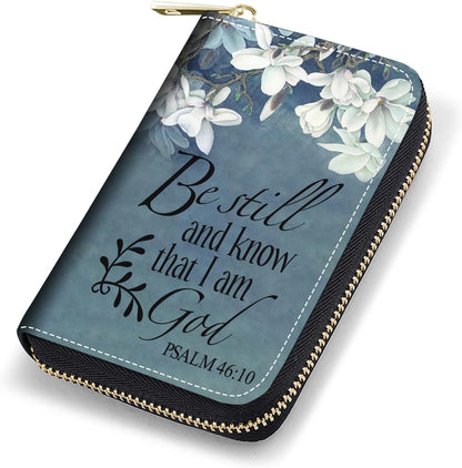 HOTCredit Card Holder Wallets for Women, RFID Blocking Small Leather Card Case Wallet with Zipper Accordion Wallets, Floral Quote Bible Verse Psalm 46:10