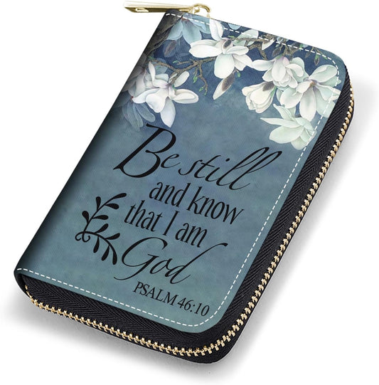 HOTCredit Card Holder Wallets for Women, RFID Blocking Small Leather Card Case Wallet with Zipper Accordion Wallets, Floral Quote Bible Verse Psalm 46:10