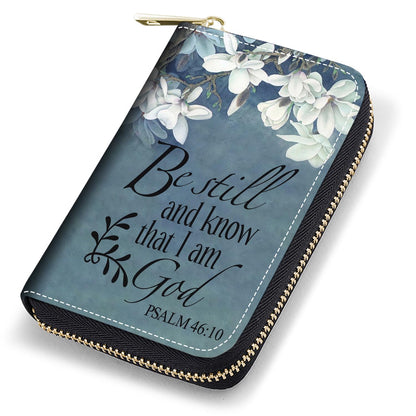 HOTCredit Card Holder Wallets for Women, RFID Blocking Small Leather Card Case Wallet with Zipper Accordion Wallets, Floral Quote Bible Verse Psalm 46:10