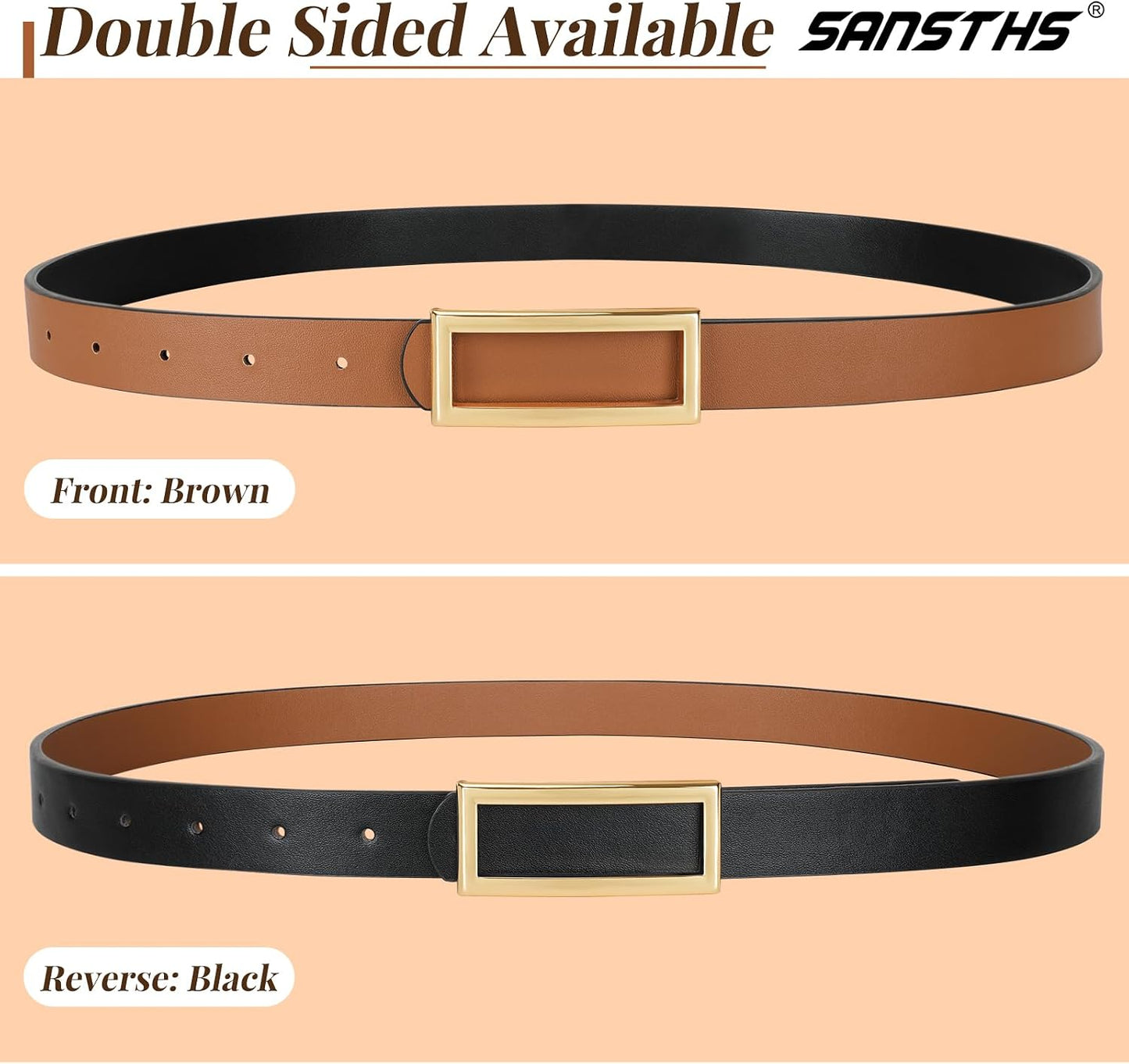 HOTSANSTHS Skinny Reversible Belts for Women, Two-in-one Women Thin Belt for Dresses Jeans Pants with Gold Buckle