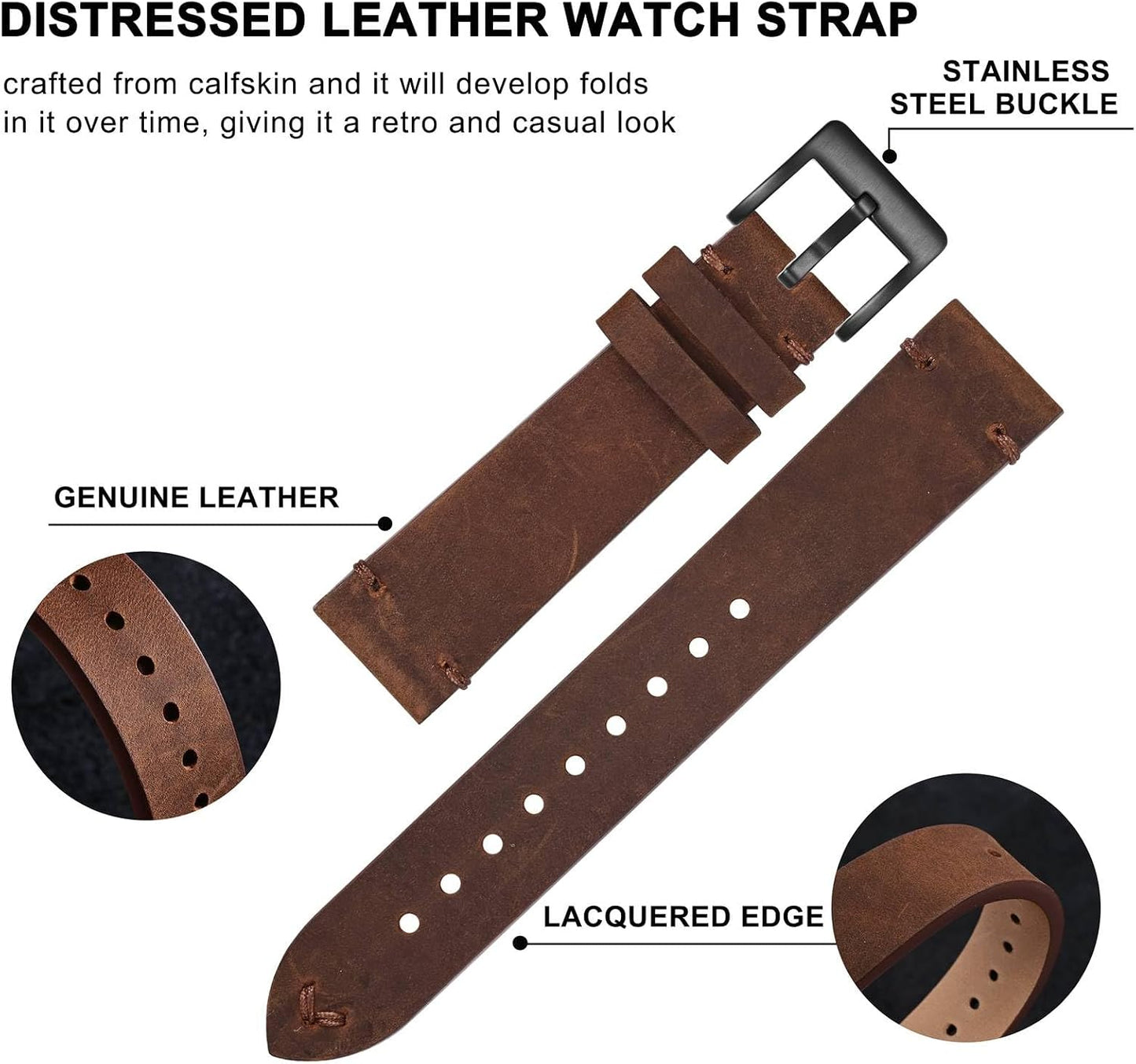 HOTBISONSTRAP Distressed Leather Watch Strap, Watch Replacement Bands for Men, Quick Release Spring Bars, Band Width 18mm 19mm 20mm 22mm 24mm