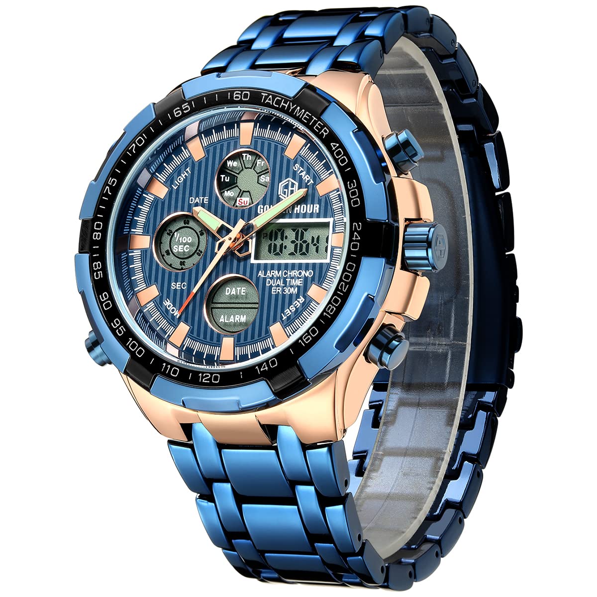 HOTGOLDEN HOUR Luxury Stainless Steel Analog Digital Watches for Men Male Outdoor Sport Waterproof Big Heavy Wristwatch
