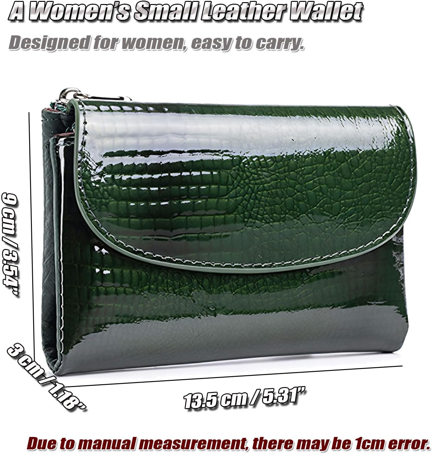 HOTWomen's Crocodile Embossed Patent Leather Wallet, RFID Blocking Card Holder, Ladies Small Trifold Wallet, Compact Purse with 10 Card Slots/ID Window/Zipper Coin Pocket - Green