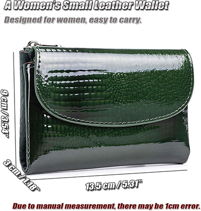 HOTWomen's Crocodile Embossed Patent Leather Wallet, RFID Blocking Card Holder, Ladies Small Trifold Wallet, Compact Purse with 10 Card Slots/ID Window/Zipper Coin Pocket - Green