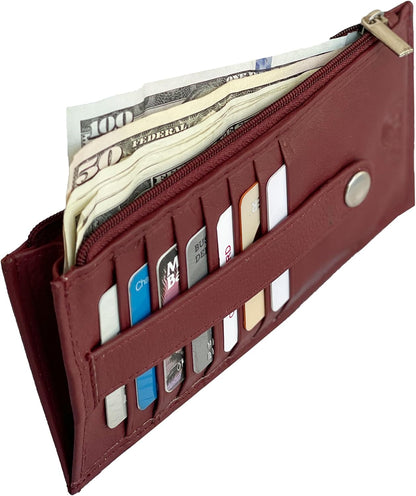 HOTSlim Credit Card Wallet Holder Change Pouch, RFID Blocking Business Cards Cases with Zipper Pocket for Cash, Coin, Receipt, ID Card (Burgundy)