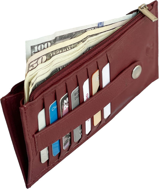 HOTSlim Credit Card Wallet Holder Change Pouch, RFID Blocking Business Cards Cases with Zipper Pocket for Cash, Coin, Receipt, ID Card (Burgundy)