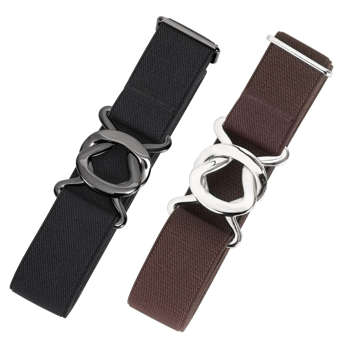 HOTJASGOOD Women No Show Stretch Belt 2 Pack Adjustable Elastic Web Belt with Flat Buckle for Jeans Pants Casual Belts