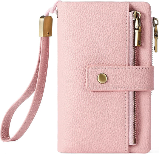 HOTSENDEFN Small Wallet for Women Leather RFID Blocking Wristlet Wallet Credit Card Holder with Double Zipper Coin Purse Ladies Bifold Purse
