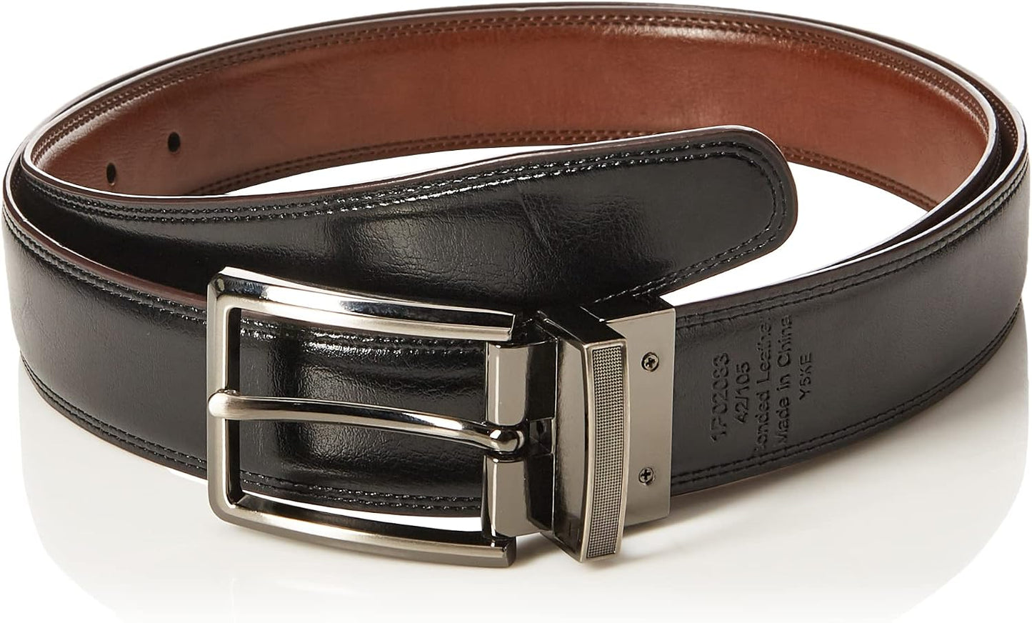 HOTPerry Ellis Men's Portfolio Double Stitched Leather Reversible Belt, Brown/Black, Silver Prong Buckle, Burnished Edges