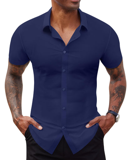 HOTLion Nardo Stretch Dress Shirts for Men Short Sleeve Slim Fit Casual Button Down Shirts Muscle Fit Men's Dress Shirts