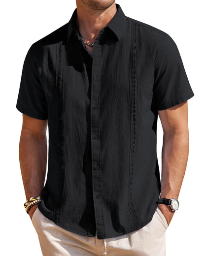 HOTMens Linen Textured Shirt Short Sleeve Button Down Cuban Guayabera Shirt | 100% Cotton, Casual Wear, Lightweight Breathable, Summer Beach, Untucked, Relaxed Fit, Vacation, Cruise, Camp, Collared