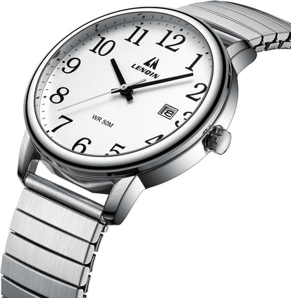 HOTLN LENQIN Mens Watches Easy Read Analog Quartz Sport Waterproof Watch for Men with Date and 38mm Stainless Steel Expansion Band