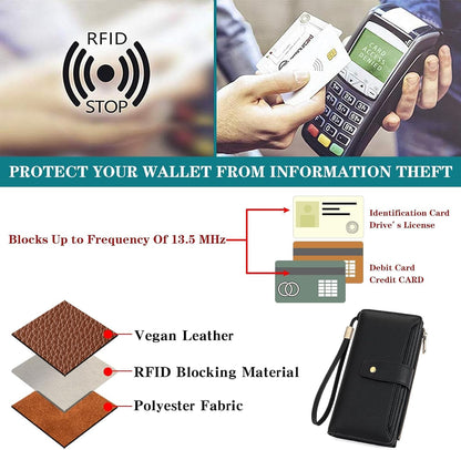 HOTGAEKEAO Womens Wallet RFID Blocking Large Capacity Vegan Leather Card Holder Wristlet Clutch with 32 Card Slots 4 ID Windows