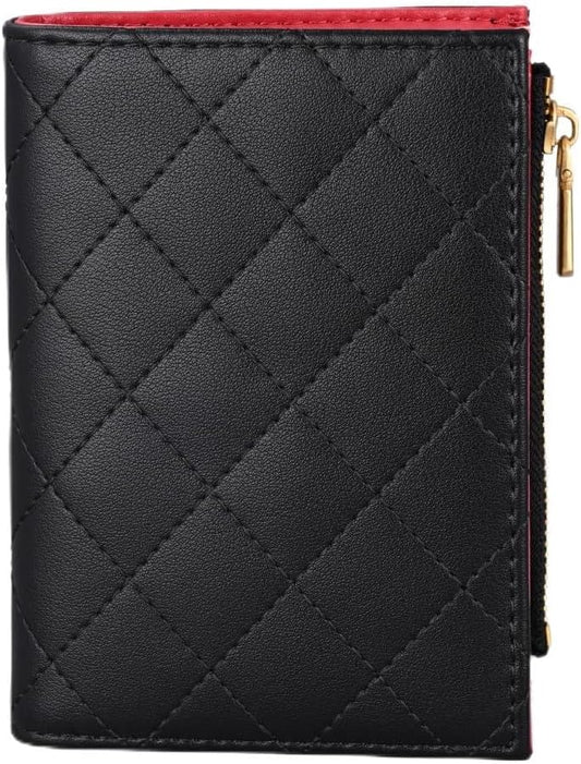 HOTSlim Bi-fold Checkered Quilted Leather Wallet | Classic Minimalist Style w. ID Window/Card Slot/Bill Holder/Zip Coin Pocket for Women (Black Quilted)
