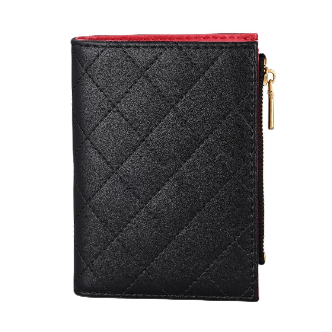 HOTSlim Bi-fold Checkered Quilted Leather Wallet | Classic Minimalist Style w. ID Window/Card Slot/Bill Holder/Zip Coin Pocket for Women (Black Quilted)