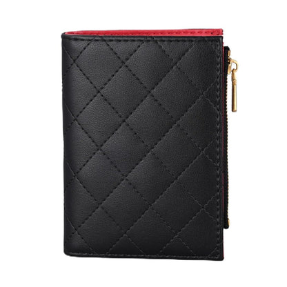 HOTSlim Bi-fold Checkered Quilted Leather Wallet | Classic Minimalist Style w. ID Window/Card Slot/Bill Holder/Zip Coin Pocket for Women (Black Quilted)