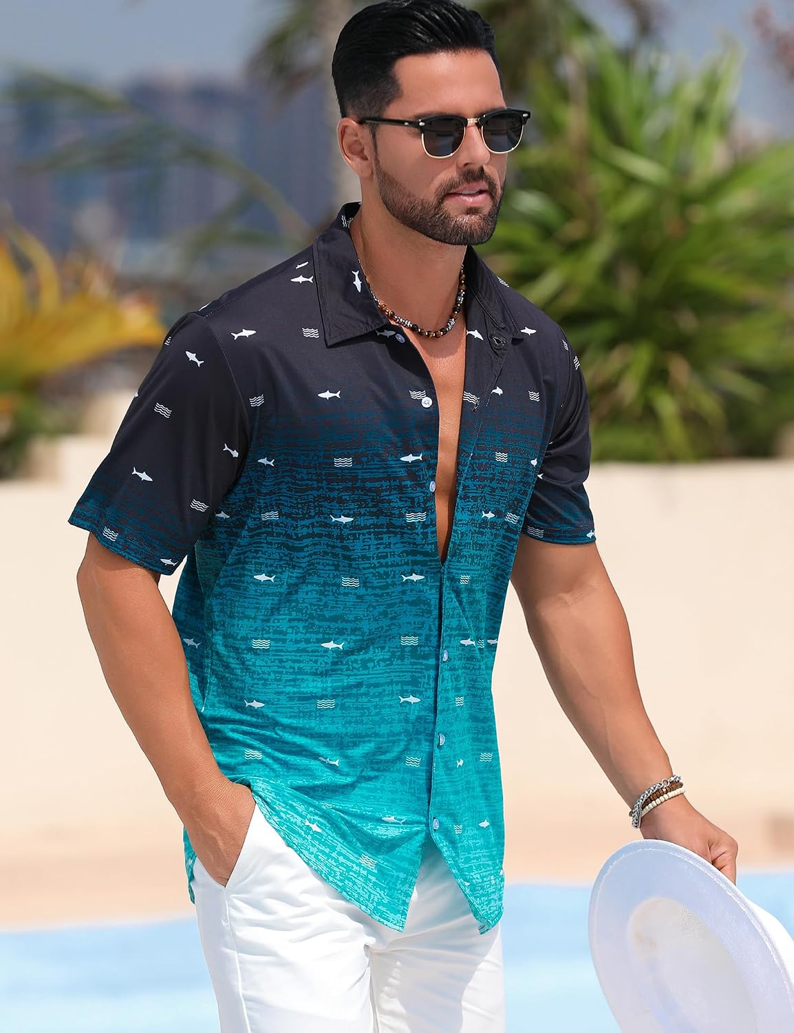HOTELETOP Men's Hawaiian Shirt Summer Stretch Short Sleeve Tropical Beach Button Down Casual Shirt