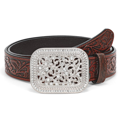HOTXZQTIVE Women Men Western Belt Vintage Country Belts For Cowgirl Cowboys Genuine Leather Belt with Silver Diamond Buckle