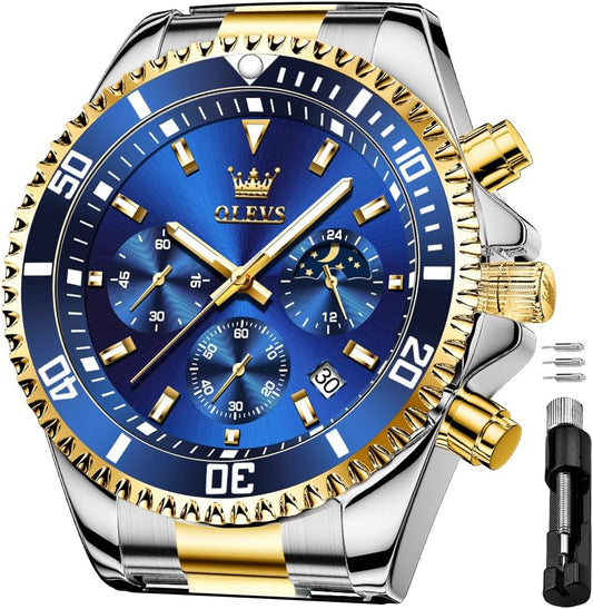 HOTOLEVS Men's Waterproof Watches Stainless Steel Waterproof Chronograph Wrist Watches Luxury Dress White Luminous Big Face Analog Quartz Male Watches