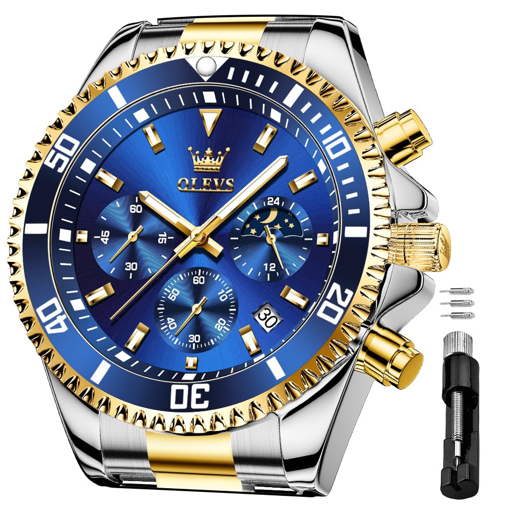 HOTOLEVS Men's Waterproof Watches Stainless Steel Waterproof Chronograph Wrist Watches Luxury Dress White Luminous Big Face Analog Quartz Male Watches