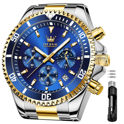 HOTOLEVS Men's Waterproof Watches Stainless Steel Waterproof Chronograph Wrist Watches Luxury Dress White Luminous Big Face Analog Quartz Male Watches