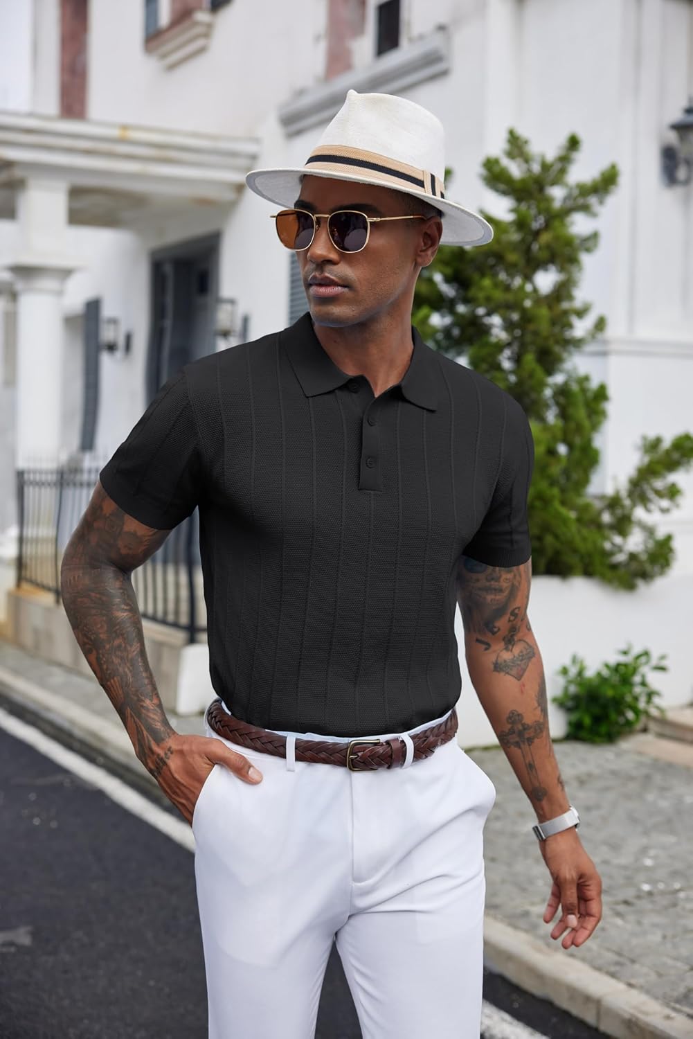 HOTCOOFANDY Mens Knit Polo Shirts Short Sleeve Ribbed Textured Polo Shirt Lightweight Casual Golf Shirts Collared T Shirt