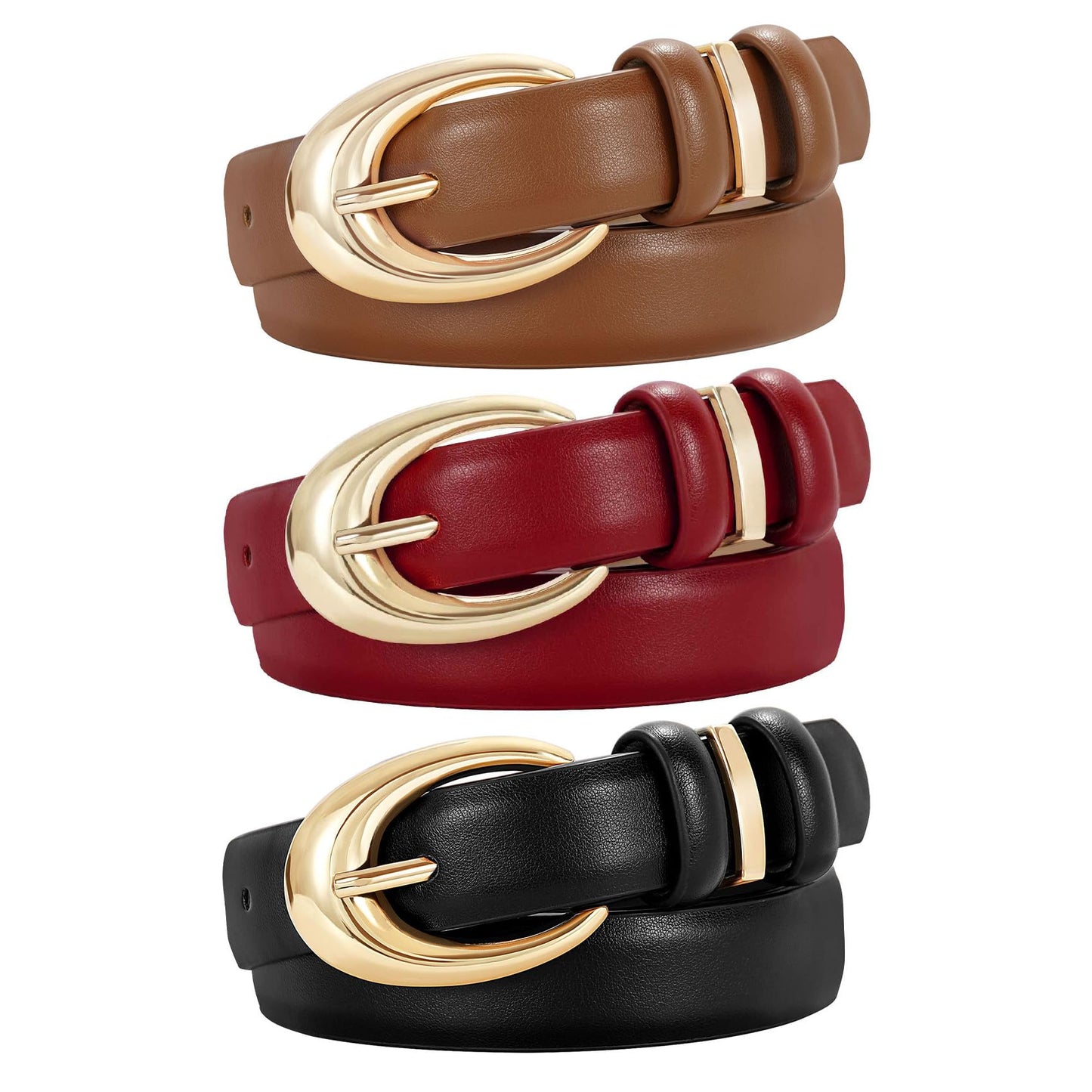 HOTTRIWORKS 3 Pack Women Leather Belt for Jeans Pants Fashion Ladies Faux Leather Belt with Gold Buckle