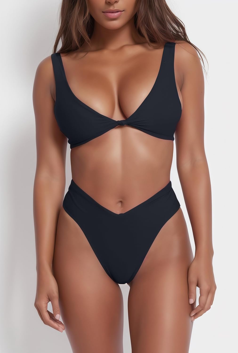 HOTgeluboao Bikini Set for Women Solid V Neck Knot Front Push Up High Leg Thong Two Piece Swimsuit